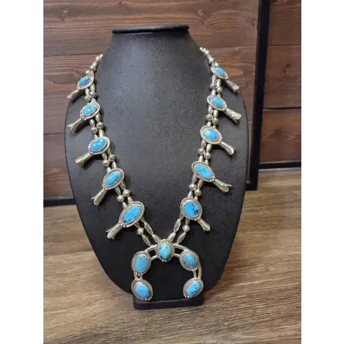 Navajo Sterling Silver & Turquoise Squash Blossom Necklace (RK-480)