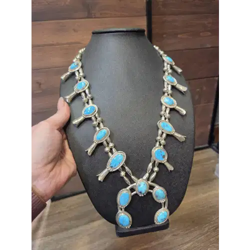 Navajo Sterling Silver & Turquoise Squash Blossom Necklace (RK-480)