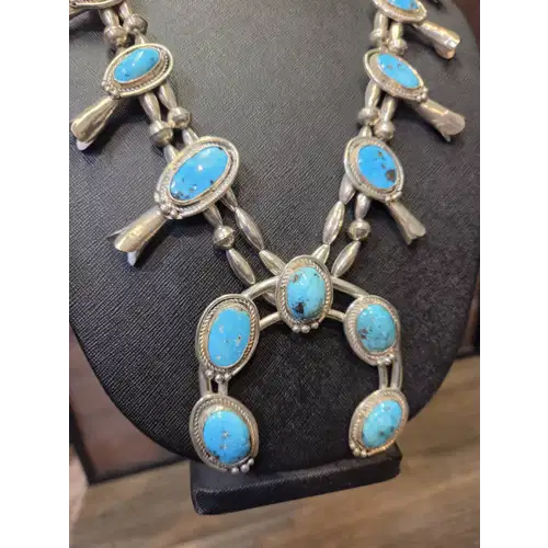 Navajo Sterling Silver & Turquoise Squash Blossom Necklace (RK-480)