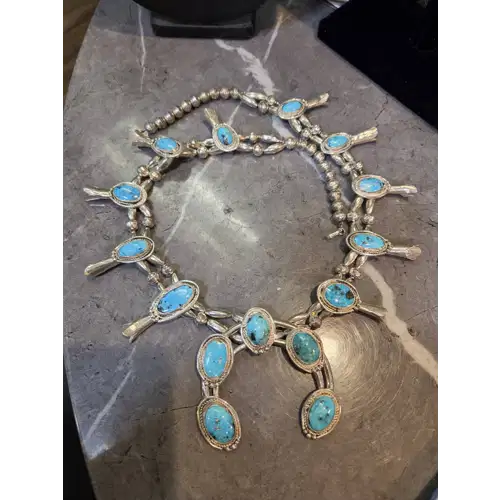 Navajo Sterling Silver & Turquoise Squash Blossom Necklace (RK-480)