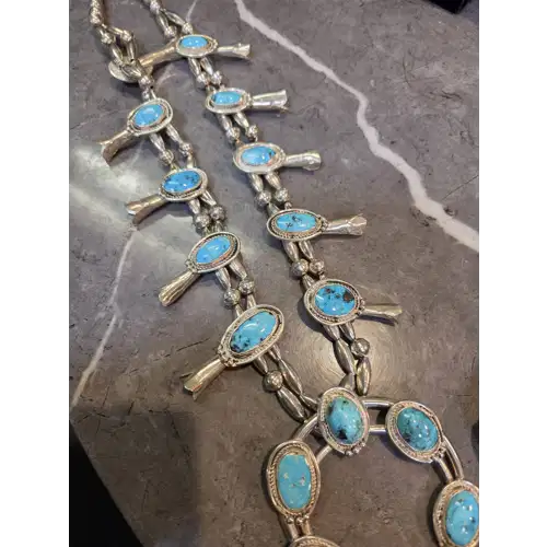 Navajo Sterling Silver & Turquoise Squash Blossom Necklace (RK-480)