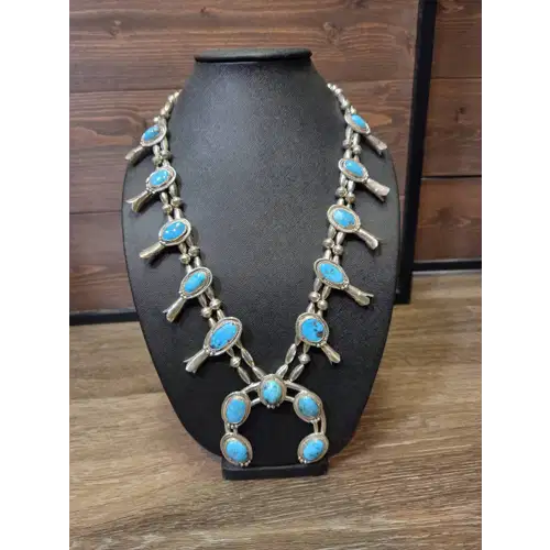Navajo Sterling Silver & Turquoise Squash Blossom Necklace (RK-480)