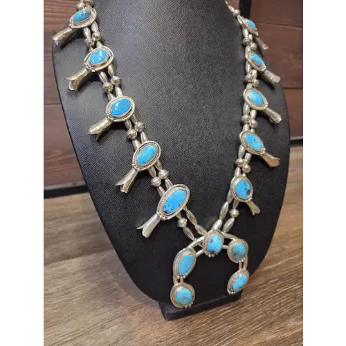 Navajo Sterling Silver & Turquoise Squash Blossom Necklace (RK-480)