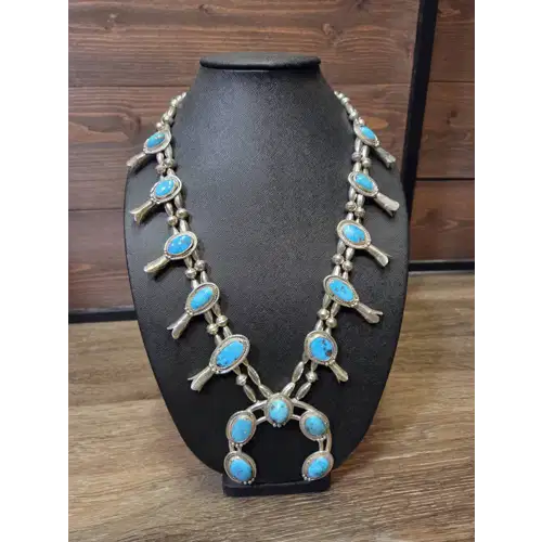 Navajo Sterling Silver & Turquoise Squash Blossom Necklace (RK-480)
