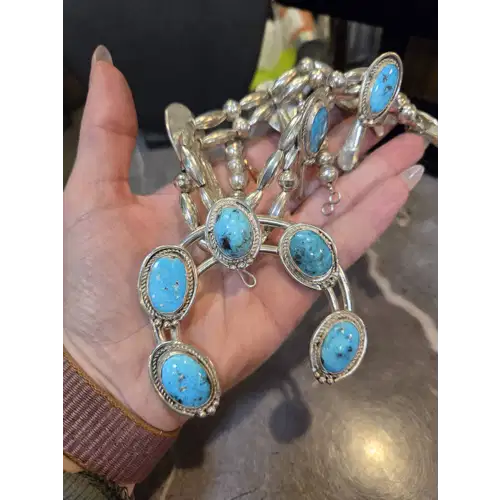 Navajo Sterling Silver & Turquoise Squash Blossom Necklace (RK-480)