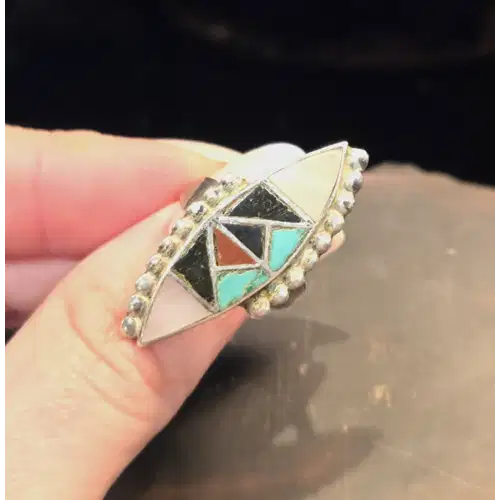 Vintage Handmade Southwestern Sterling Silver and Inlaid Gemstone Ring (RK-420)