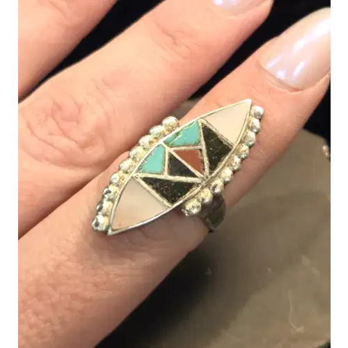 Vintage Handmade Southwestern Sterling Silver and Inlaid Gemstone Ring (RK-420)