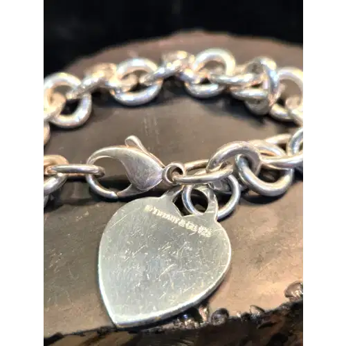 Vintage Tiffany & Co 925 Sterling Silver Heart Tag Chunky Bracelet (RK-405)