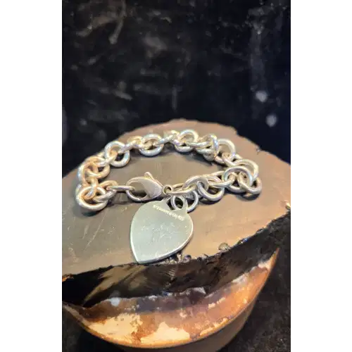 Vintage Tiffany & Co 925 Sterling Silver Heart Tag Chunky Bracelet (RK-405)
